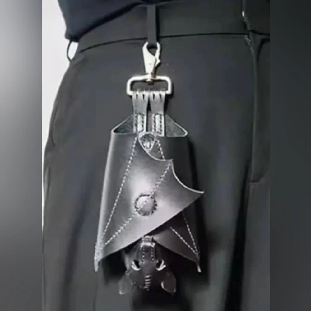 NWT Bat Bag Belt Charm Coin Purse Key Chain Black Faux Leather - Picture 2 of 8